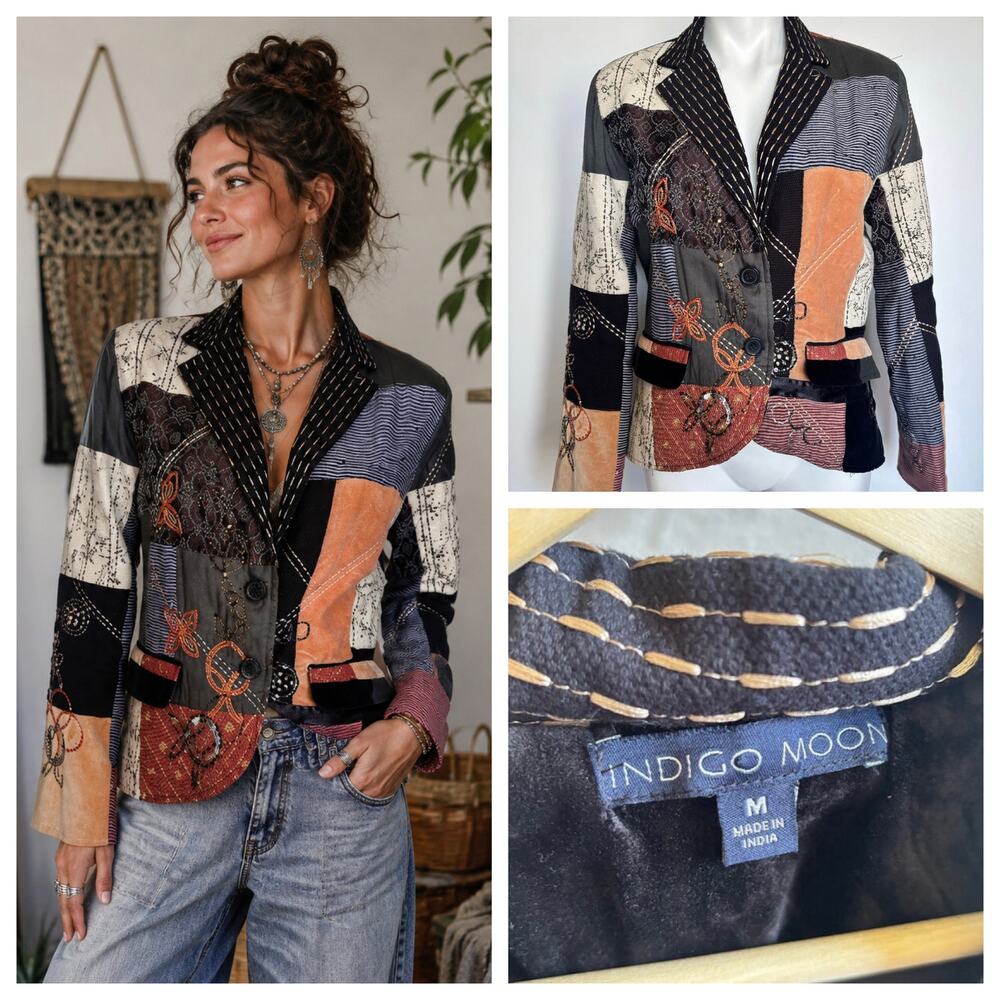 Boho Mixed Media Patchwork Blazer Jacket M Velvet Sequins Artsy Hippie Eclectic